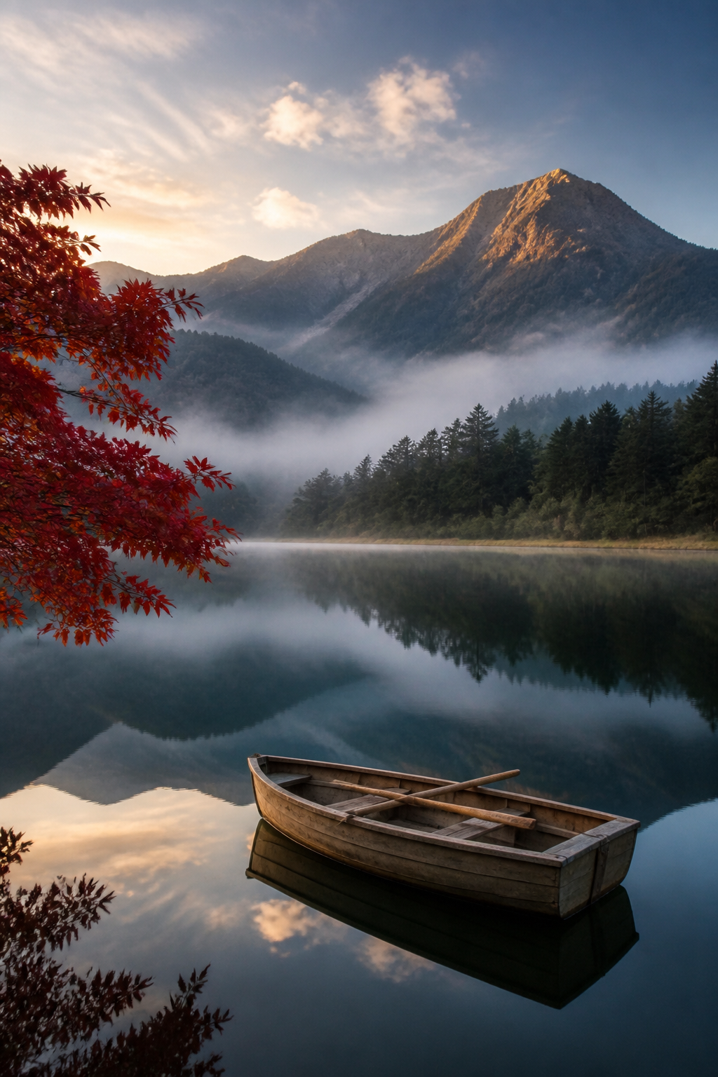 A misty mountain lake at dawn